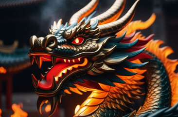Big traditional mystical Chinese dragon from fairy tales and legends. Fantasy dragon breathes fire at Chinese street. Year of the Dragon