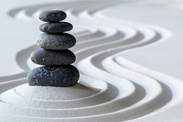 stack of grey stones on white sand with raked lines, representing balance and tranquility for meditation