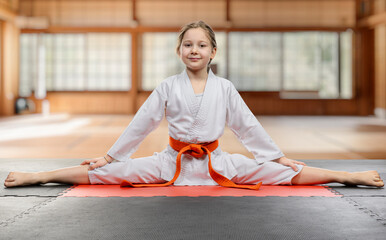 Young girl practicing karate split in dojo - 756475705