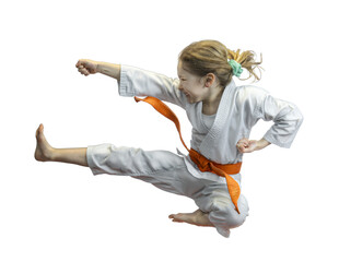 Young girl practicing karate kick - 756475777