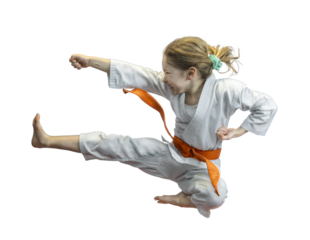 Young girl practicing karate kick