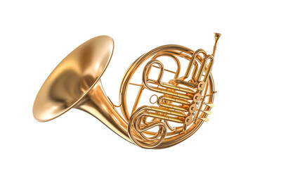Golden french horn on white background - 756475785