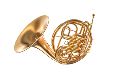 Golden french horn on white background