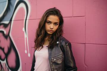 Fototapeta premium Urban teen girl with leather jacket against pink graffiti wall.