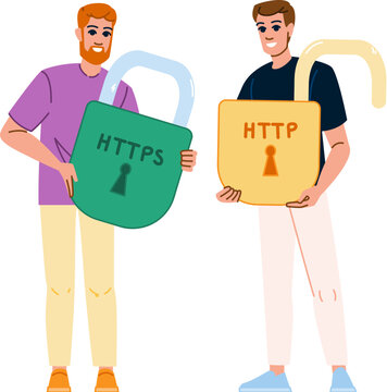 secure https http vector. lock website, certificate bar, phishing internet secure https http character. people flat cartoon illustration