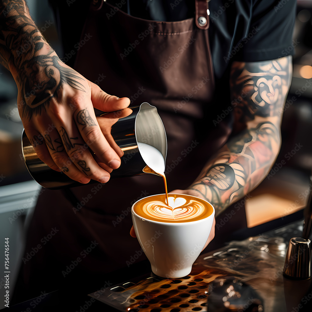 Poster A close-up of a barista pouring latte art.