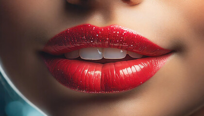 Fototapeta premium Sexy Red Lips close up. Beautiful Perfect Makeup. Beautiful red Lip Gloss. Cosmetic.mouth open, big lips. Cosmetic beauty procedures