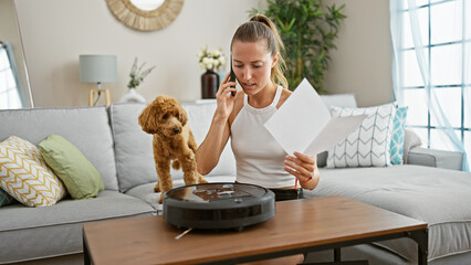 Young caucasian woman with dog reading cleaner vacuum robot instructions talking on smartphone at...