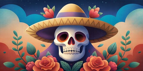 Artistic representation of a decorated skull with sombrero amid roses for dia de los muertos. Mexican background for Mexico festive festival Cinco de mayo - obrazy, fototapety, plakaty