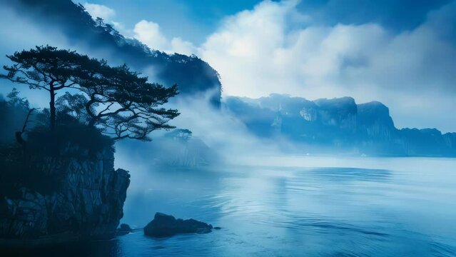 Beautiful misty landscape with a lonely pine tree in the foreground.