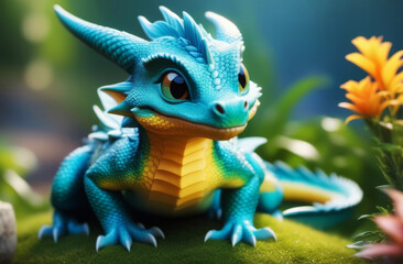 Cute adorable colored baby dragon cartoon. Fairytale dragon character in the style of children-friendly cartoon animation fantasy art