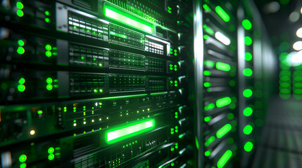 Closeup view of the mainframe server in data center with green light flashing on it. Cyber security, cloud computing and virtualization technology background - obrazy, fototapety, plakaty