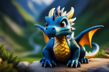 Cute adorable colored baby dragon cartoon. Fairytale dragon character in the style of children-friendly cartoon animation fantasy art