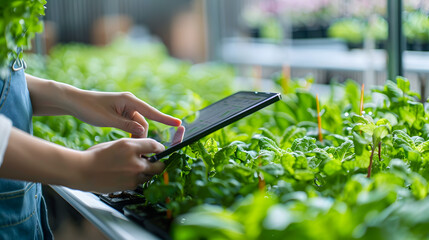 A close-up of a young female farmer's hand using a tablet to monitor the nutrient levels in a hydroponic system, with details of the farmer's concentration, the tablet's screen.