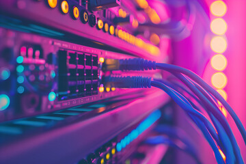 network switch and cables in data center, close up, purple color gradient background