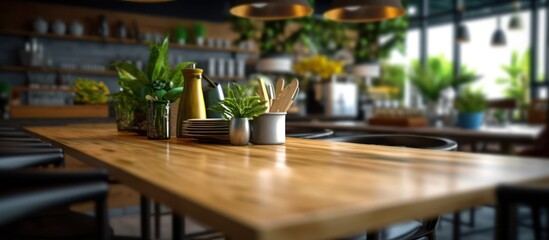 Taken from close range, the photo of the table and chairs in the cafe has a blurry background