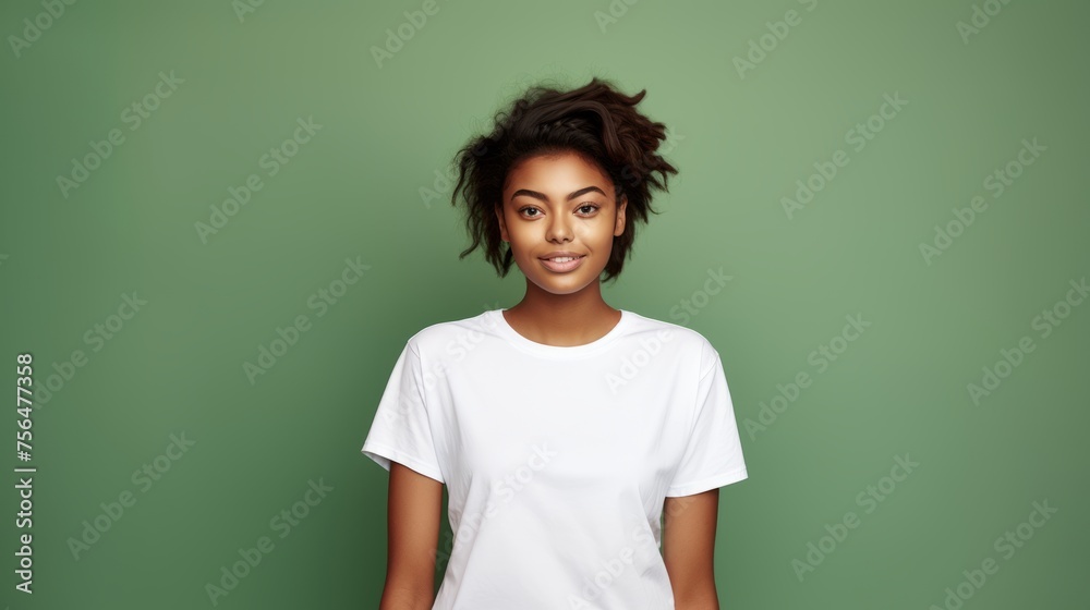 Wall mural Young girl in white t-shirt on green background. Mockup of t-shirt. - Wall murals