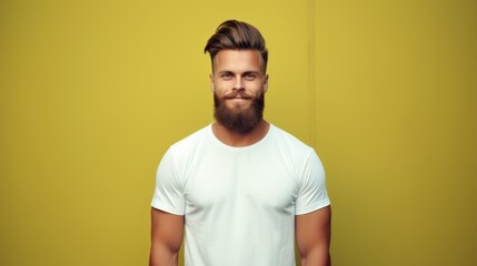 Young man in white t-shirt on yellow background. Mockup of t-shirt.