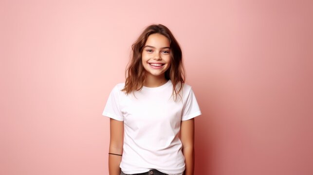 A girl in white t-shirt on pink background. Mockup of t-shirt.