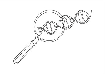 DNA analysis. One continuous line drawing of DNA and Magnifying glass. Can used for logo, emblem, slide show and banner. Illustration with quote template.