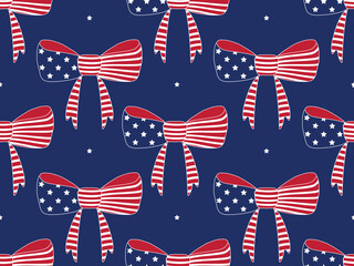 Seamless vector pattern with patriotic USA ribbon bows, stars and stripes, 4th of July, Independence