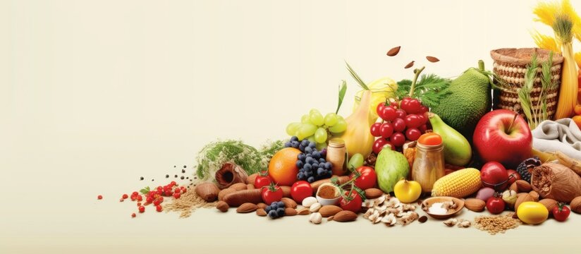 fruits vegetables and grains gray background