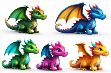 Afwasbaar behang Draak Set of illustrations of adorable cute dragon cartoon characters. Cute adorable colored baby dragons cartoon. Fairytale dragon character in the style of children-friendly cartoon animation fantasy art.