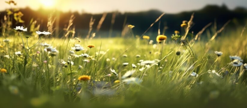 Meadow with many white spring daisies with late afternoon sun light