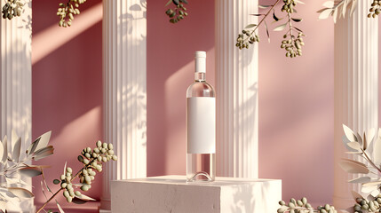 Wine bottle with a simple white label, poised on a pedestal against a pastel pink backdrop with soft shadows from olive branches, sophistication and minimalist design