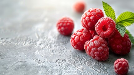 Sweet red raspberries with sugar dusting and green leaves close-up. Delicate raspberries with...