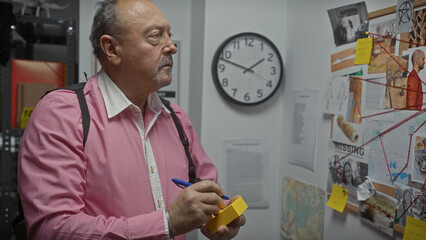 Mature man in pink shirt taking notes in a detective's office with evidence board and clock in...