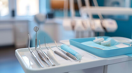The image is of a dental tray with a variety of dental instruments on it. The tray is sitting on a white counter in a dental office.
