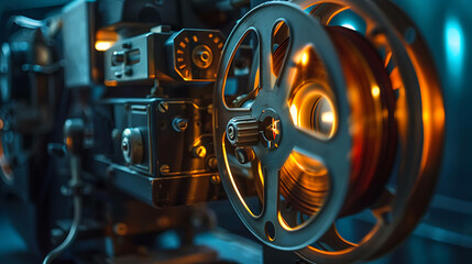 A close-up of an old-fashioned movie projector with a glowing orange bulb. The projector is in a dark room, with a blue background.