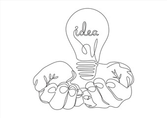 New Idea or Concept - vector modern line design illustrative icon. Two hands manifesting a light bulb as symbol of finding a new option or solution.