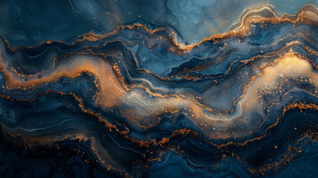 The abstract ocean - ART. Natural Luxury. Designed with marble swirls and agate ripples. Beautiful blue paint. Gold powder added...