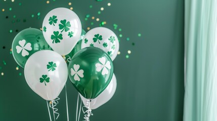Stpatrick s day banner with irish balloons, gold coins, clover on green background, space for text.
