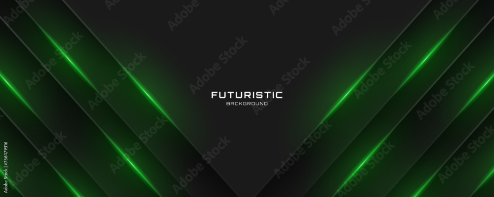Poster 3d black techno background overlap layer on dark space with green light lines effect decoration. mod