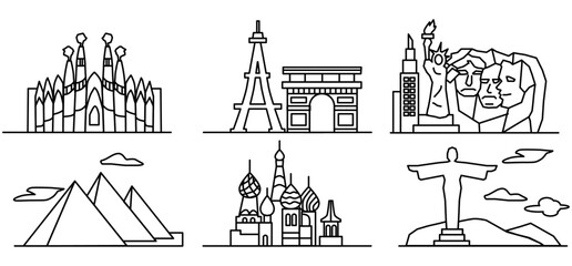 landmark line drawings of significant locations in several nations.drawings of significant locations found in tourism destinations