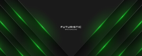3D black techno background overlap layer on dark space with green light lines effect decoration. Modern graphic design element cutout style concept for web banner, flyer, card, cover, or brochure © Arroyan Art
