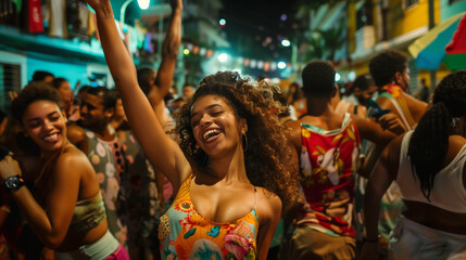 Fototapeta na wymiar Joyful crowd dancing in a festive atmosphere in a favela. Baile Funk and Carnival