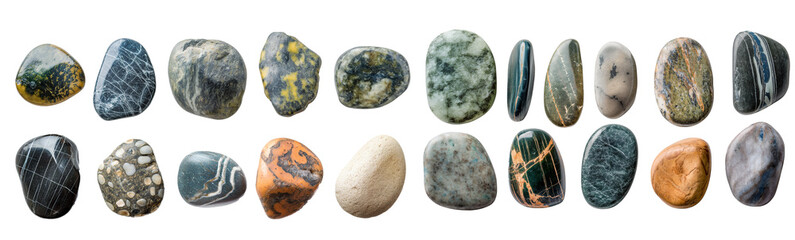 Fototapeta na wymiar Collection of river stones of various shapes and colours on a transparent background