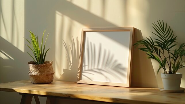 Mockup of an empty photo frame lying on a wooden table on a beige background, minimalistic and clean style