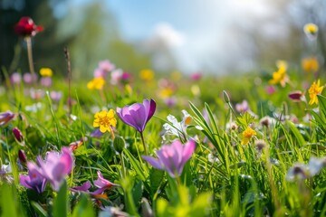 In spring, nature comes alive with the vibrant colors of blooming flowers across the meadow