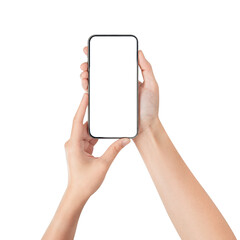 Hand holding smartphone with blank screen isolated on white background.	
