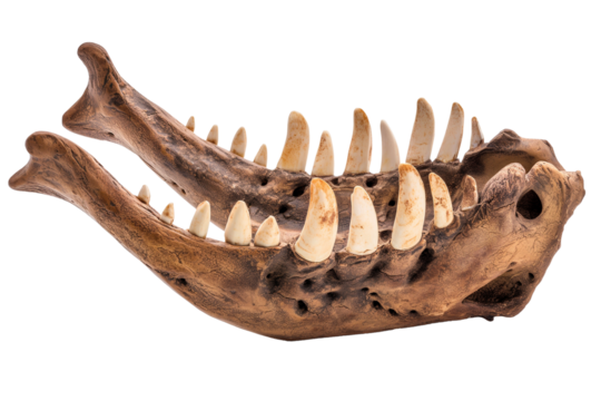 Dinosaur jaw bone fossil on transparent background