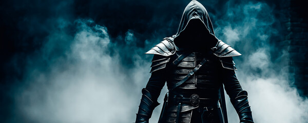 Mysterious figure of an assassin dressed in a hood and medieval armor on a black foggy background.