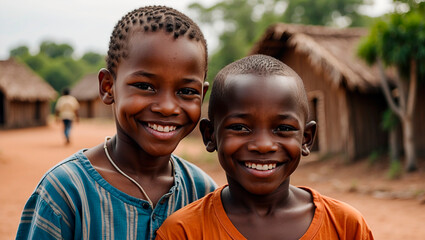 Portrait of two happy African brothers in their village.