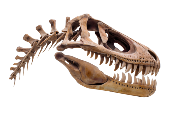 Dinosaur head skeleton fossil on transparent background