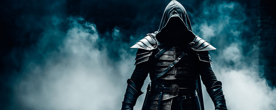 Mysterious figure of an assassin dressed in a hood and medieval armor on a black foggy background.