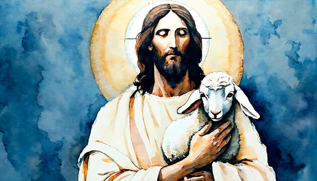 Jesus Christ holding a lamb in watercolor painting style. Religious artwork.